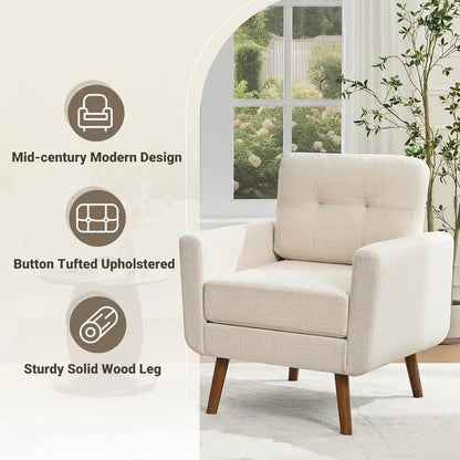 Linen Fabric Single Sofa, Accent Chair, Living Room or Bedroom, Button-Tufted Upholstered, Comfortable Reading Sofa, Beige