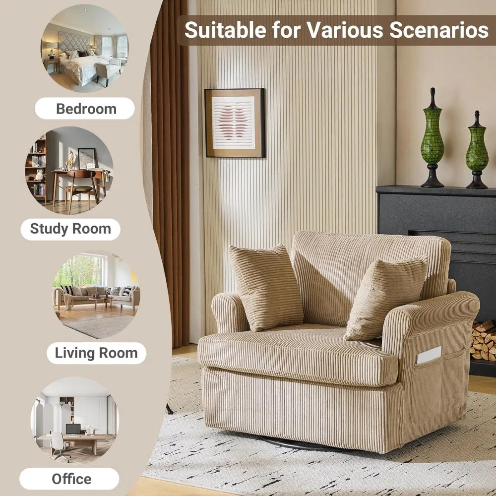 39 Swivel Accent Chair,Oversized Seat Armchair W/2 Pillows and 4 Pockets,Modern Upholstered Corduroy Barrel Chairs,Com