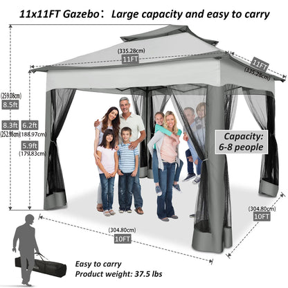 11x11 Pop up Gazebo on Clearance with Mosquito Netting&Sandbags, Outdoor Canopy Tent with 4 Ropes 8 Stakes&Portable Carrying Bag