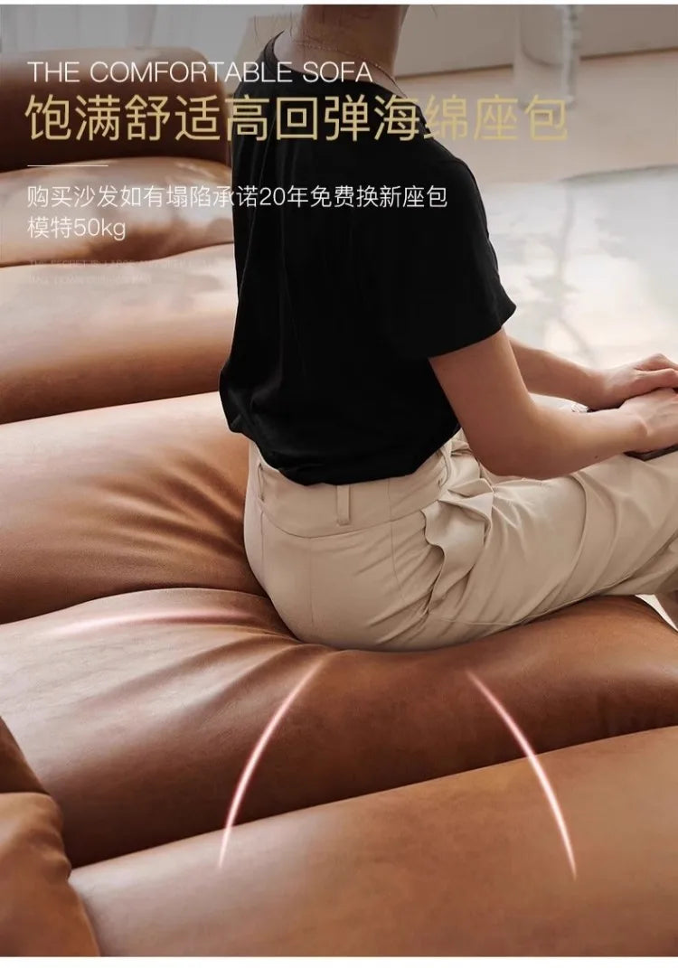 Retro oil wax leather sofa, small apartment living room straight row sofa, large sitting depth movable backrest medium ancient