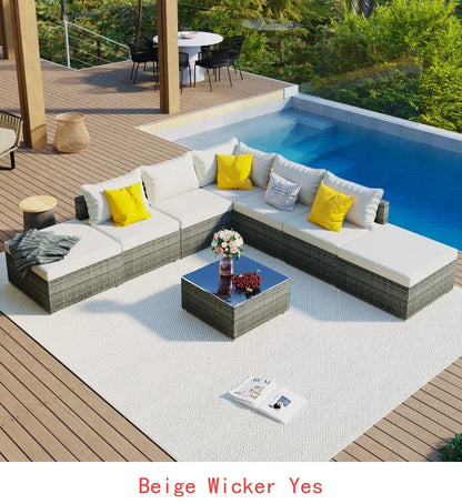 8-Piece Outdoor Patio Furniture Set, Garden Conversation Wicker Sofa, Combinable Single Sofas with Beige Cushions and Gray