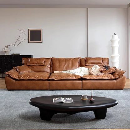 Sailing sofa retro oil wax leather super wide sitting depth adjustable backrest antique living room straight row sofa