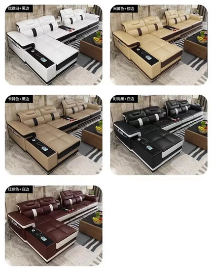 Portable Nordic L-Shape Sectional Sofa Set with Bluetooth Headrest – Genuine Cow Leather Corner Sofa Speaker