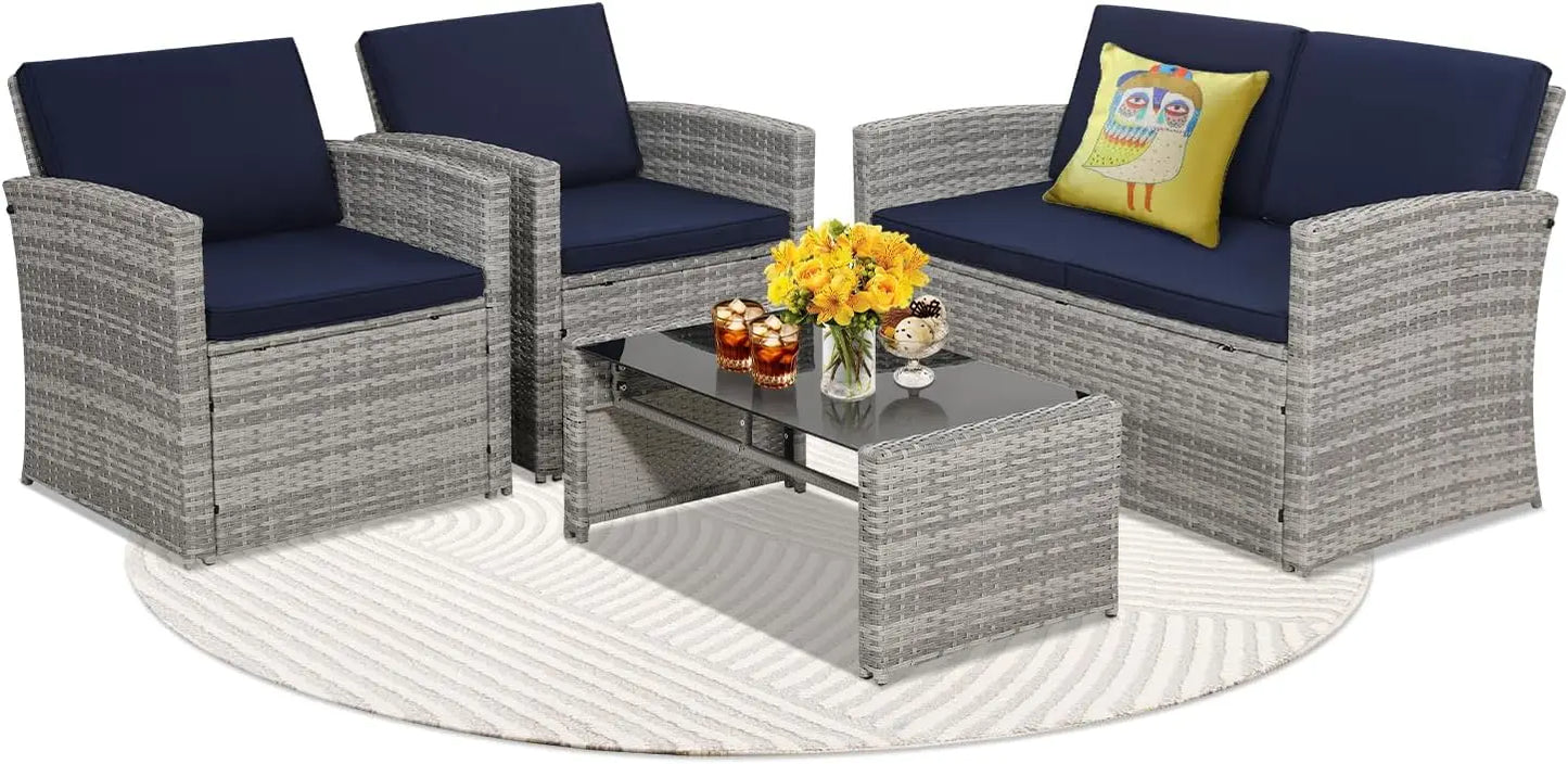 Patio Conversation Set, Outside Rattan Sectional Sofa, Cushioned Furniture Set, Wicker Sofa