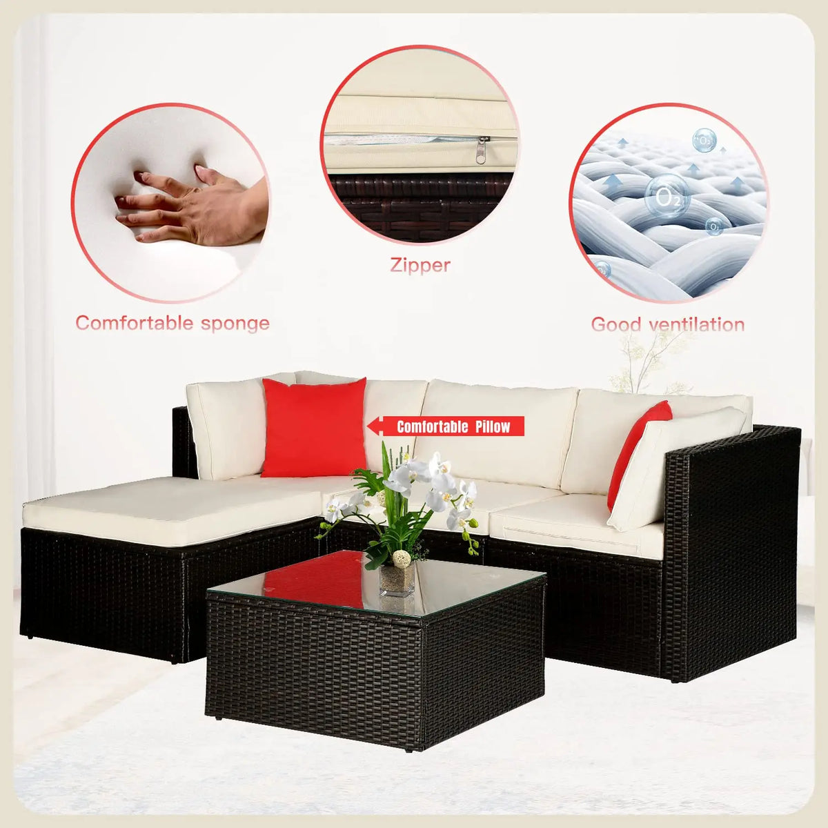5 Pieces Patio Furniture Sets Outdoor Furniture Patio Sofa Wicker Sectional Sofa Modular Outdoor Conversation Set, Customized