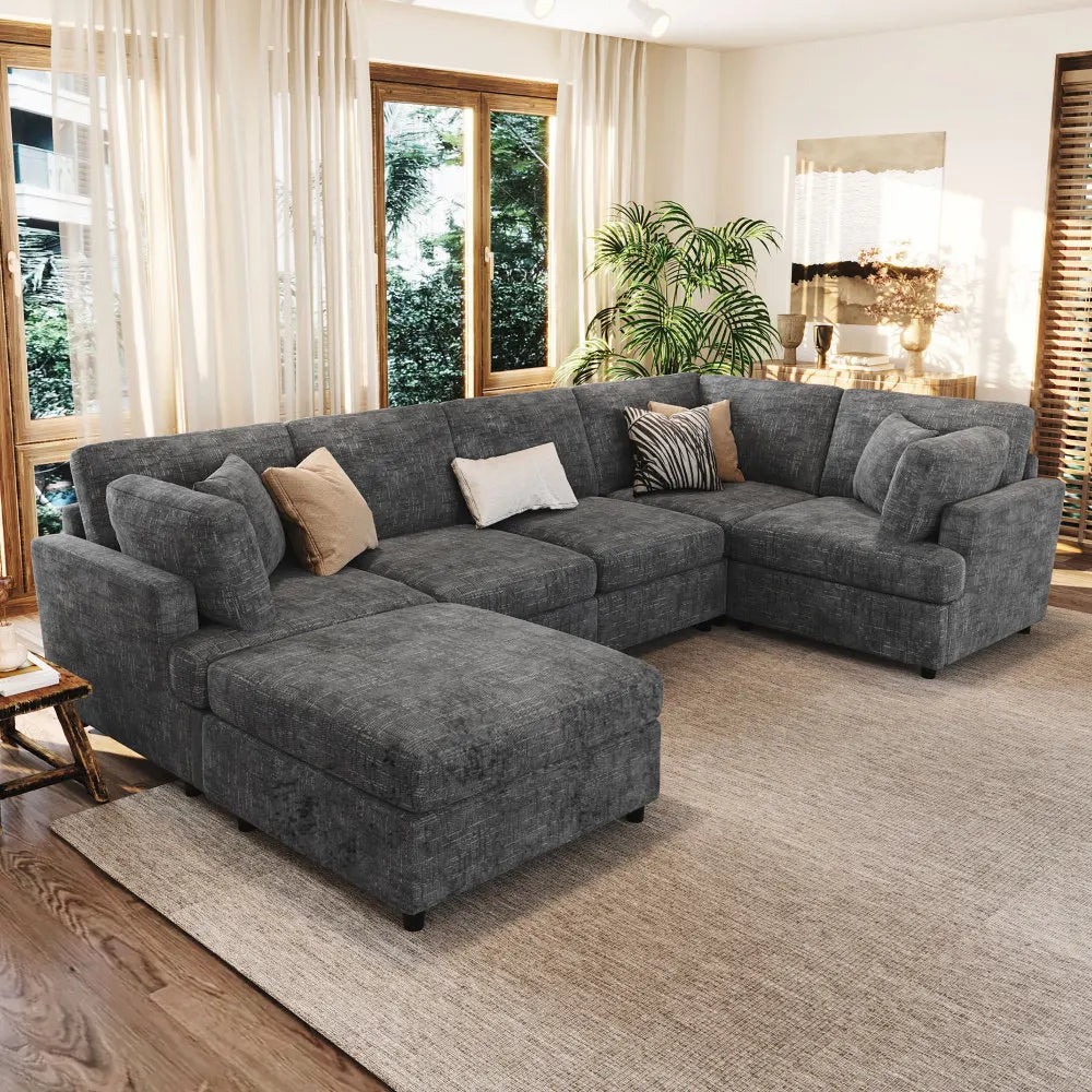 127 inch U-shaped segmented sofa with movable Ottoman style, 6-piece set of chenille fabric sofa