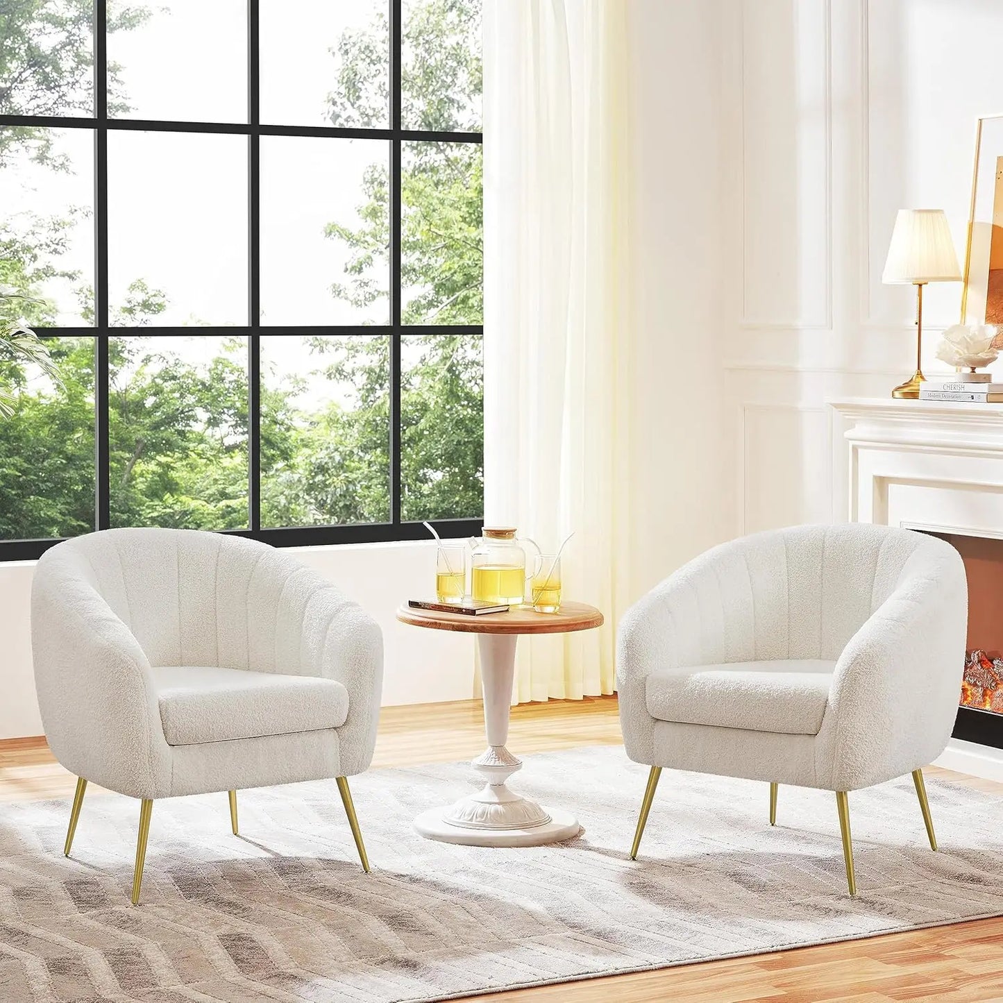 Sherpa Fabric Accent Chair, Modern Cozy Vanity Chair with Gold Metal Legs, Boucle Fabric Armchair with Removable, Customized