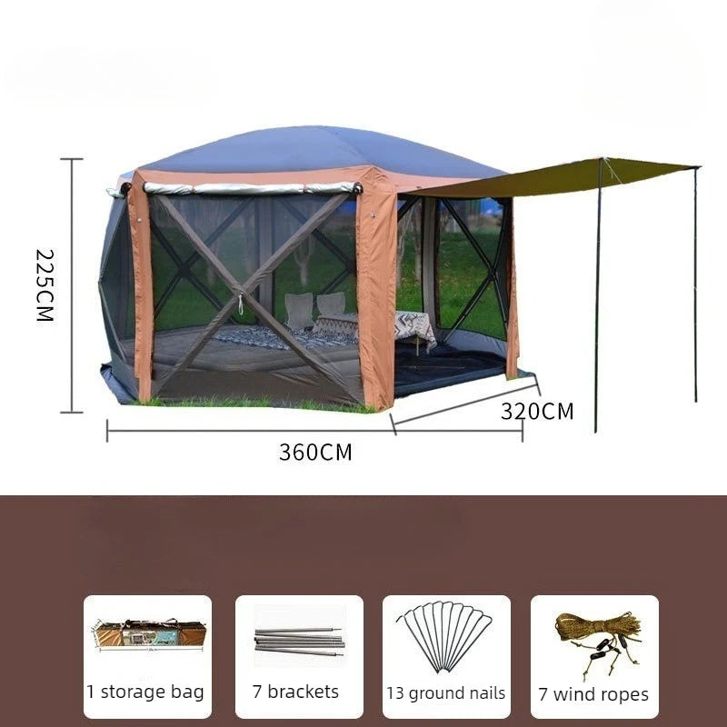 Large Space Tents Hexagonal with Awning Waterproof Camping House Tent UV Protection Family Outdoor Camping Hiking Picnic Tents
