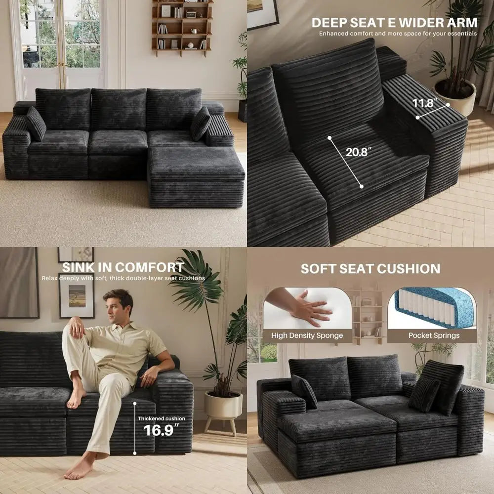 Modern 3-Seat L-Shape Sectional Sofa with Ottoman and 2 Pillows, Memory Foam Cloud Couch for Living Room