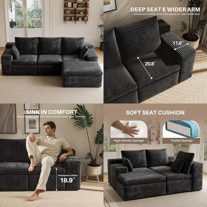 Modern 3-Seat L-Shape Sectional Sofa with Ottoman and 2 Pillows, Memory Foam Cloud Couch for Living Room