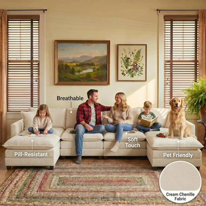 113.8" Modern Sectional Couches for Living Room, Beige Chenille Comfy Cloud Couch Sectional, 3 Seater Couch for Living, Custom