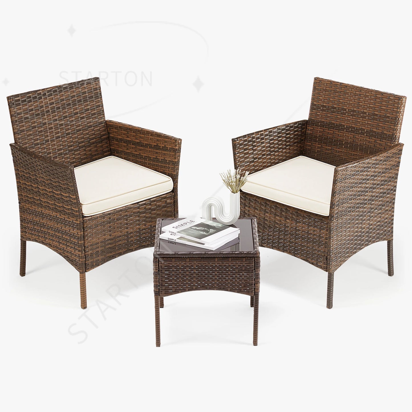 Best-Selling Outdoor Patio Furniture Set 3 Pieces with Soft Cushion and Glass Table Manual Weaving Wicker Rattan Patio Chairs