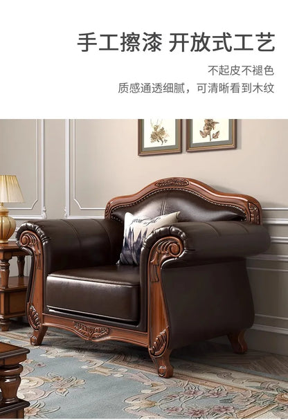 American vintage leather sofa living room solid wood country European style sofa inline furniture