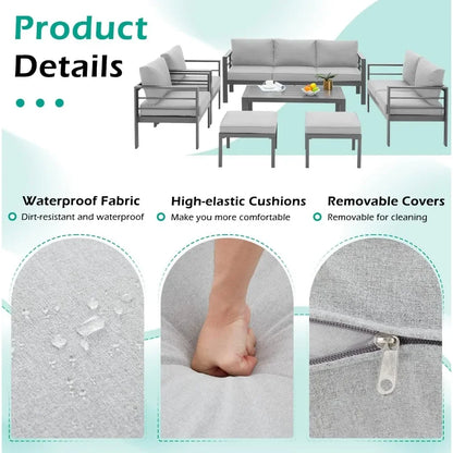 Aluminium modern patio furniture with coffee table, 7-piece outdoor conversation set, dark grey cushions, suitable for balcony