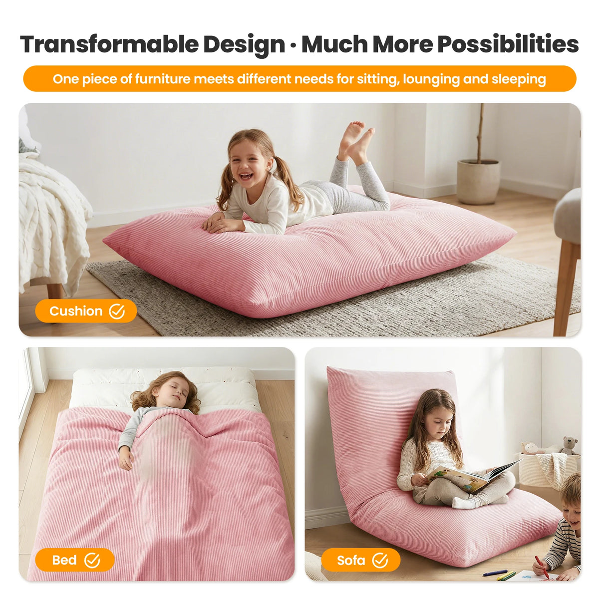 Kids Bean Bag Bed Foldable Compression Lounger Sofa Bed with Soft Removable & Washable Cover Foam-Filled Floor Lounger Chair