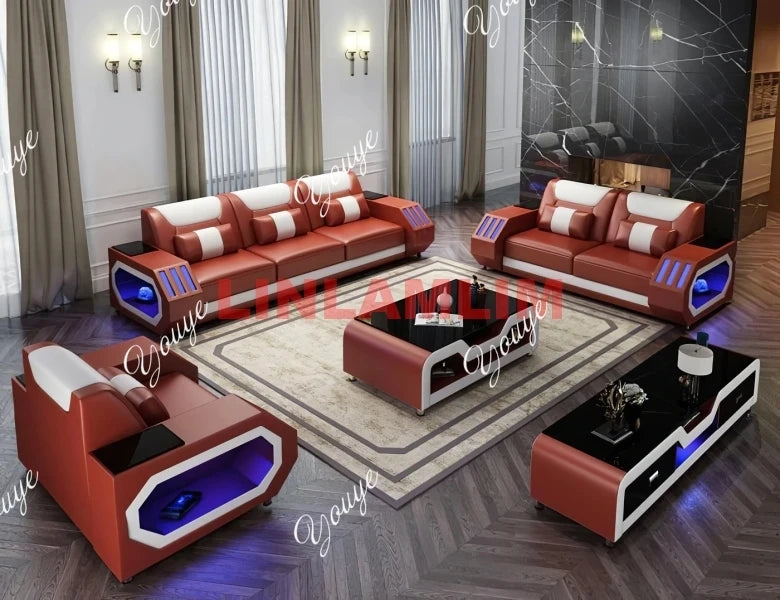 Futuristic LED Italian Genuine Leather Sofa Set – Modern Sectional Couch with Illuminated Arm Storage and High-Density Cushions