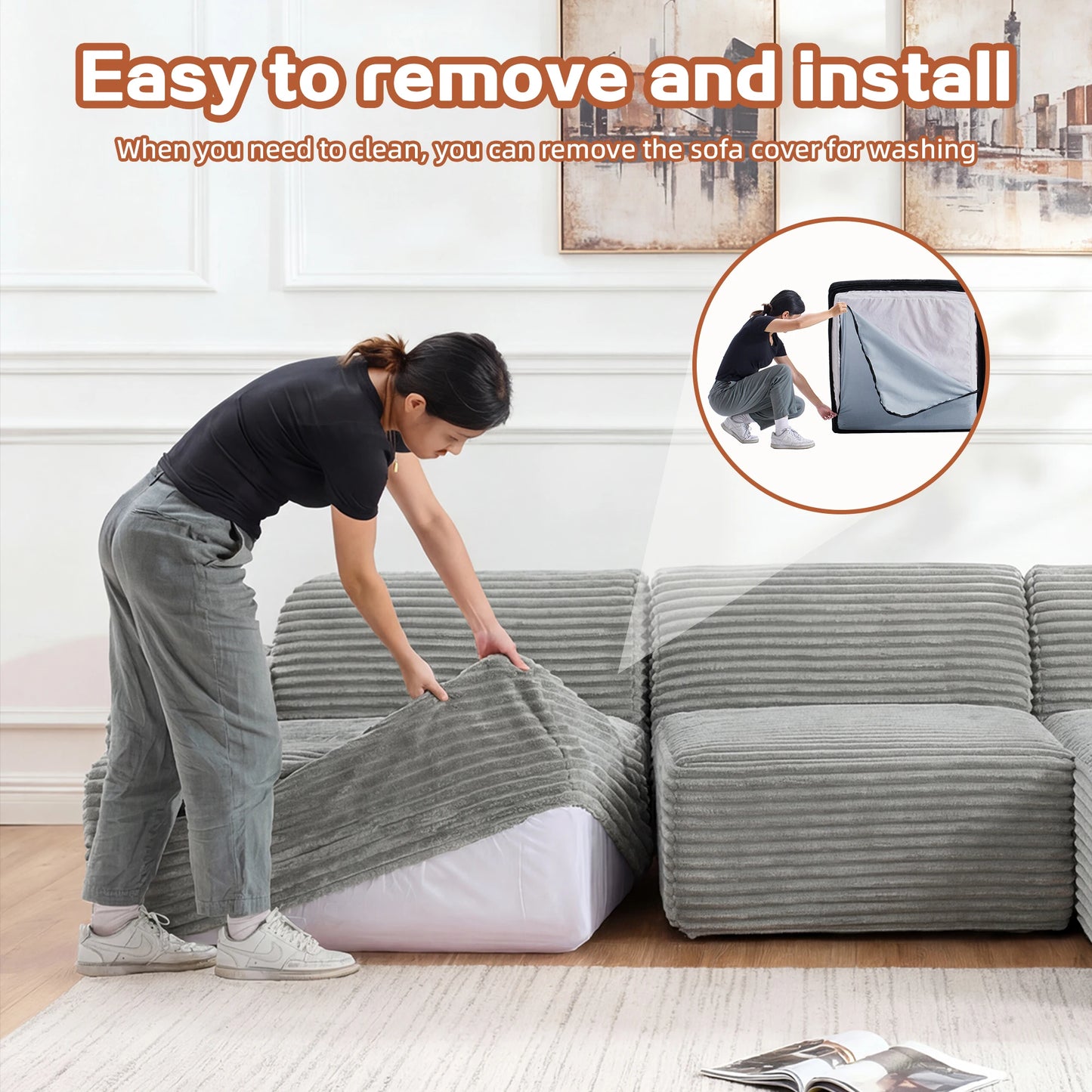 L-shaped oversized modular leather segmented sofa, leather deep seat modular corduroy sofa, suitable for families and big spaces