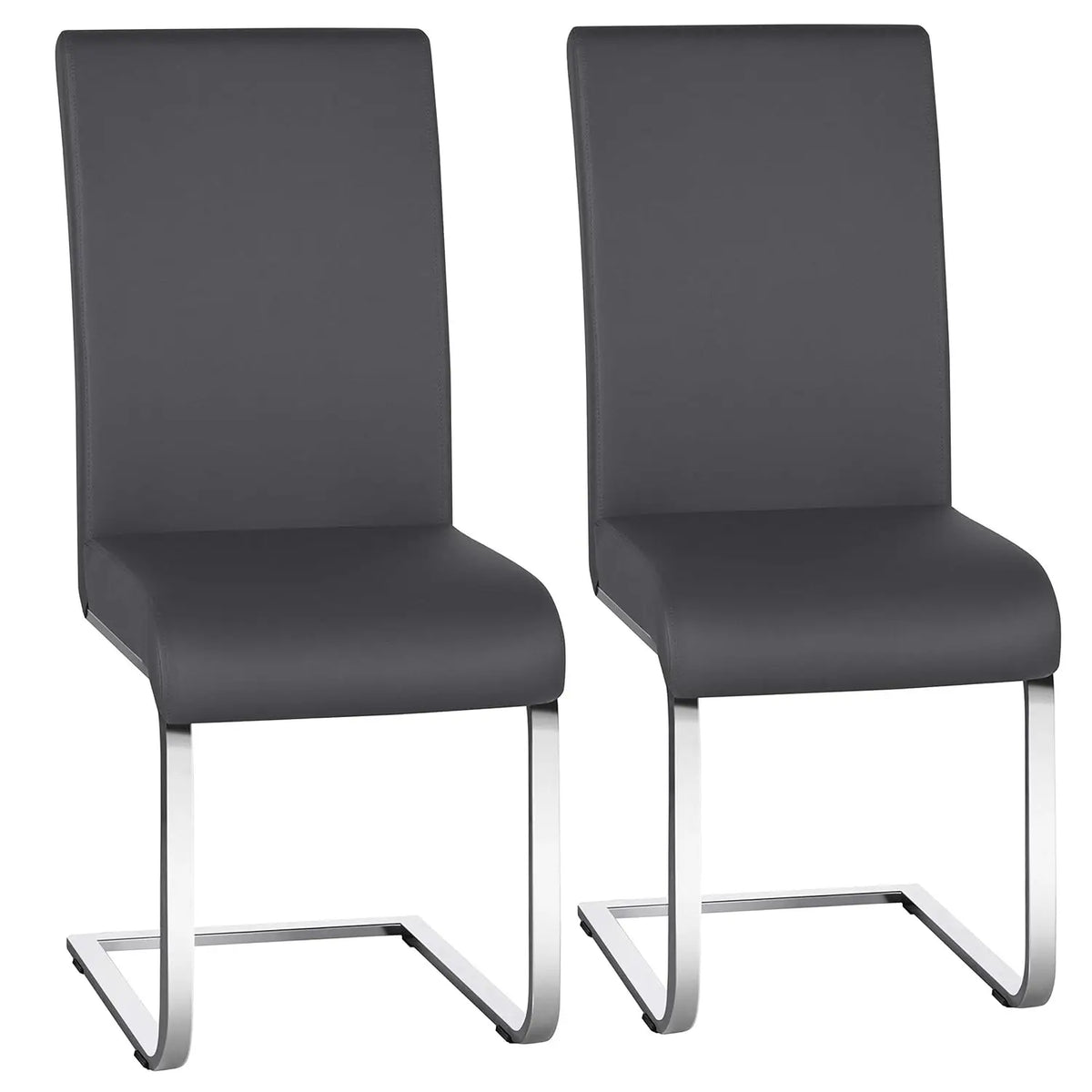 Set of 2 Chrome Metal Finish Side Chairs, Gray-Taupe Faux Leather Upholstery, Casual Dining Furniture