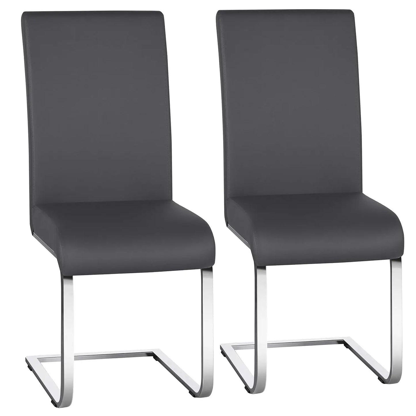 Set of 2 Chrome Metal Finish Side Chairs, Gray-Taupe Faux Leather Upholstery, Casual Dining Furniture