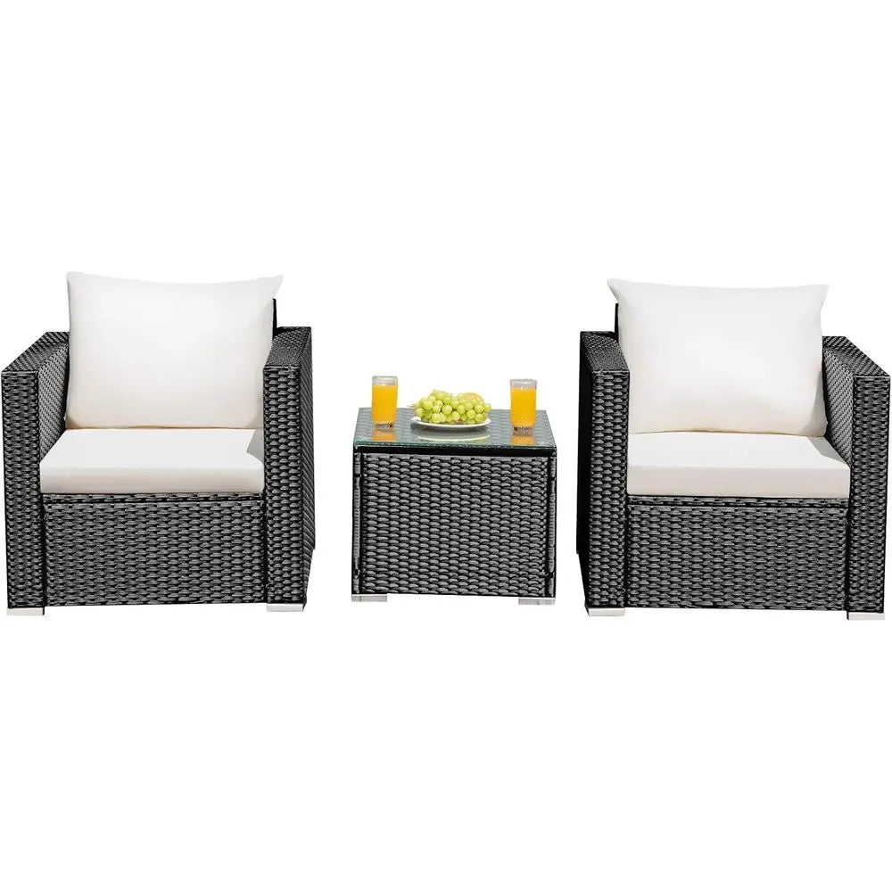 3 Pieces Patio Furniture Set, PE Rattan Wicker Sofa Set with Washable Cushion and Tempered Glass Tabletop, Outdoor or Garden Poo