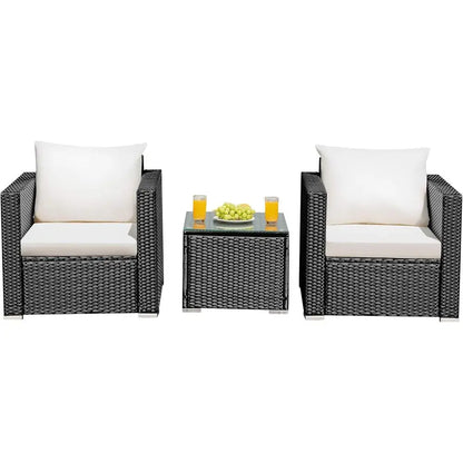 3 Pieces Patio Furniture Set, PE Rattan Wicker Sofa Set with Washable Cushion and Tempered Glass Tabletop, Outdoor or Garden Poo