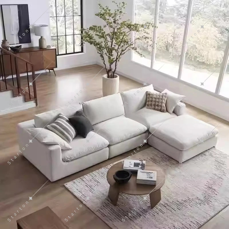 Nordic Cream White Linen Fabric Living Room Couch Sectional Cloud Sofa Modern Simple L Shaped Modular Corner Sofa Set Furniture