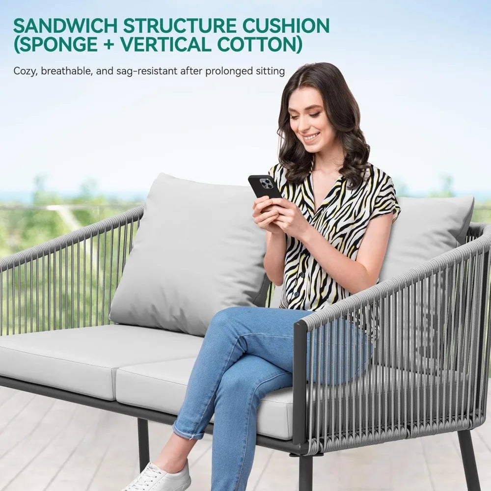 4-Piece Patio Furniture Wicker Outdoor Bistro Set, All Weather Rattan Loveseat Gray Rope Conversation Sets with Soft Cushions a