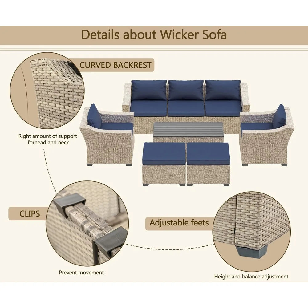 Outdoor Patio Furniture Set 8 Pieces, Rattan Outdoor Couch with Coffee Table, Comfortable Wicker Patio Furniture Sets for Yard,