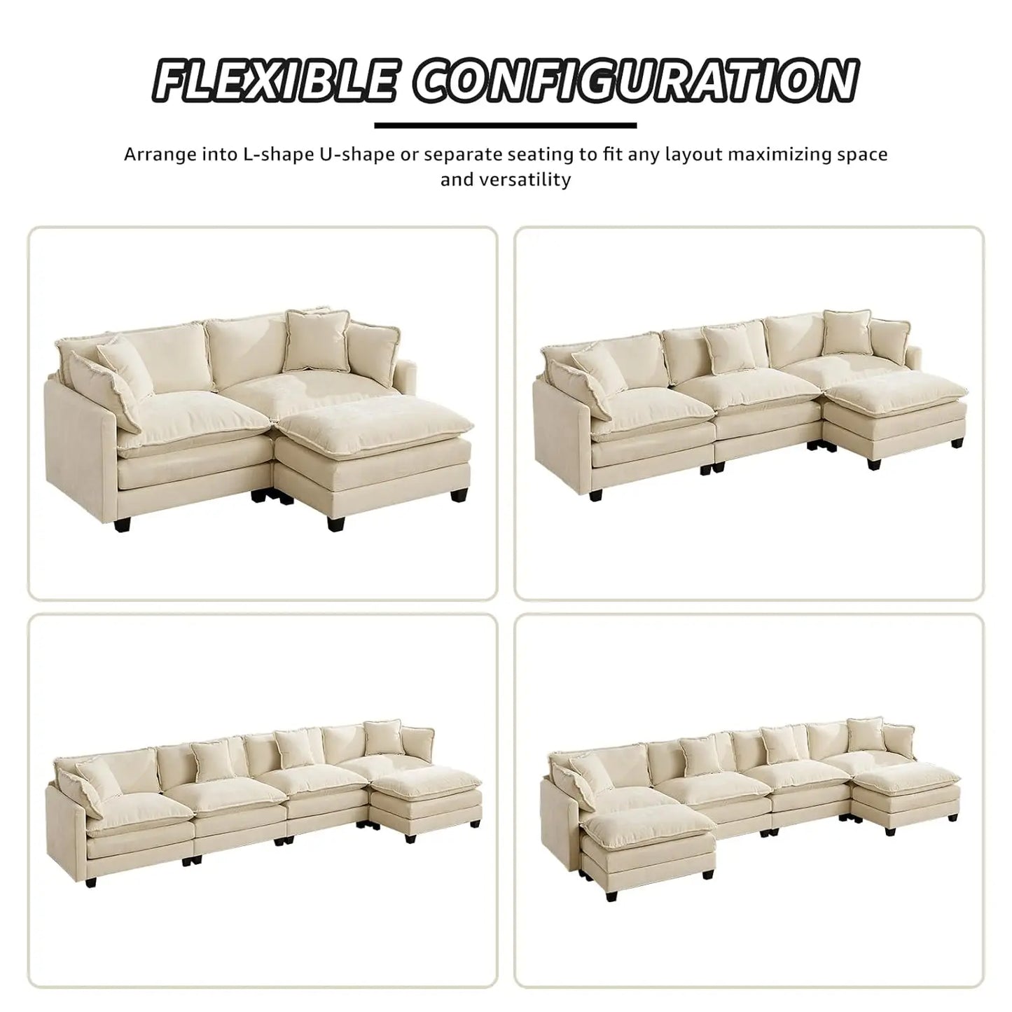 113.8" Modern Sectional Couches for Living Room, Beige Chenille Comfy Cloud Couch Sectional, 3 Seater Couch for Living, Custom
