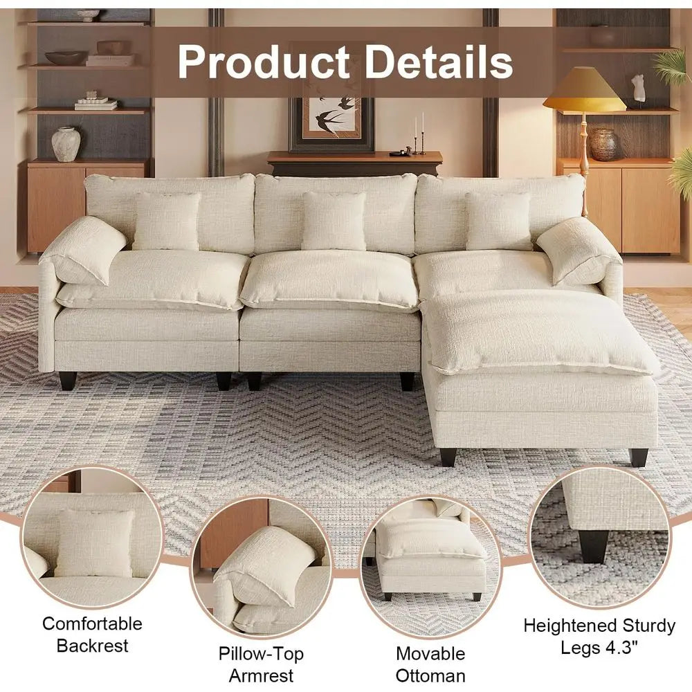 108 L-Shaped Chenille Sofa with Ottoman, Charging Station, Pockets & Pillows for Modern Living Rooms