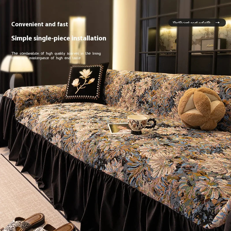 Sofa Cover with Ruffle Elegant Black Reversible for 2/3/4 Seater Couch Stretchable Slipcover Protector All Season Couch Blanket