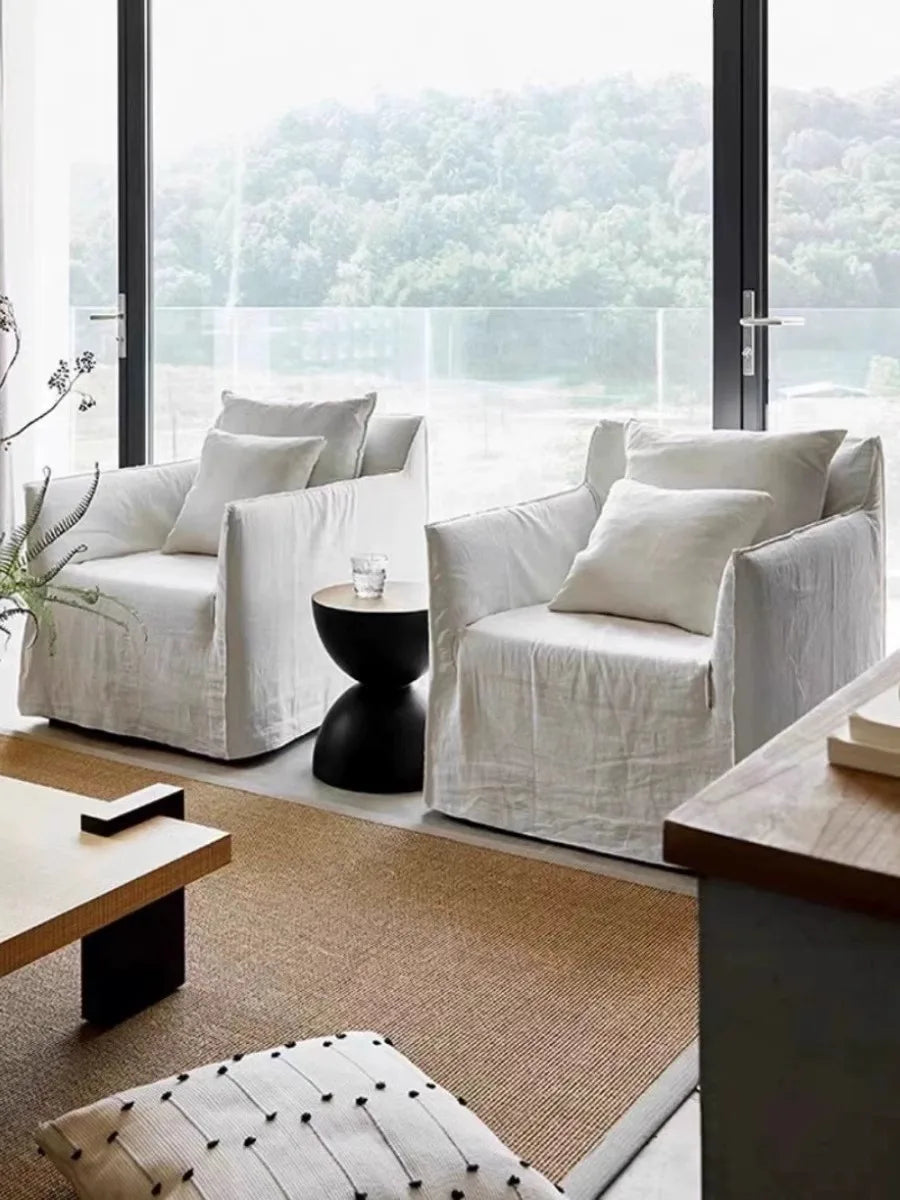 North American wabi style Japanese style white cream linen cotton and linen designer living room B & B straight