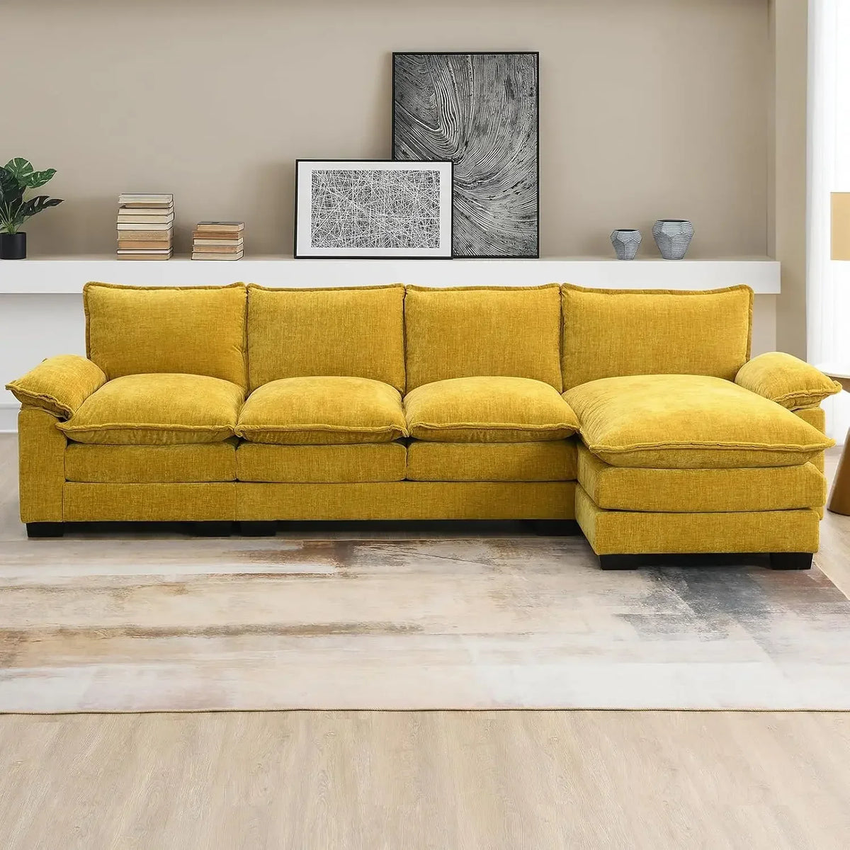 SAT Convertible Sectional Sofa, Modern Chenille Fabric L Shaped Living Room Furniture Set, 5 Seat Sofa with Chaise & Deep Seat