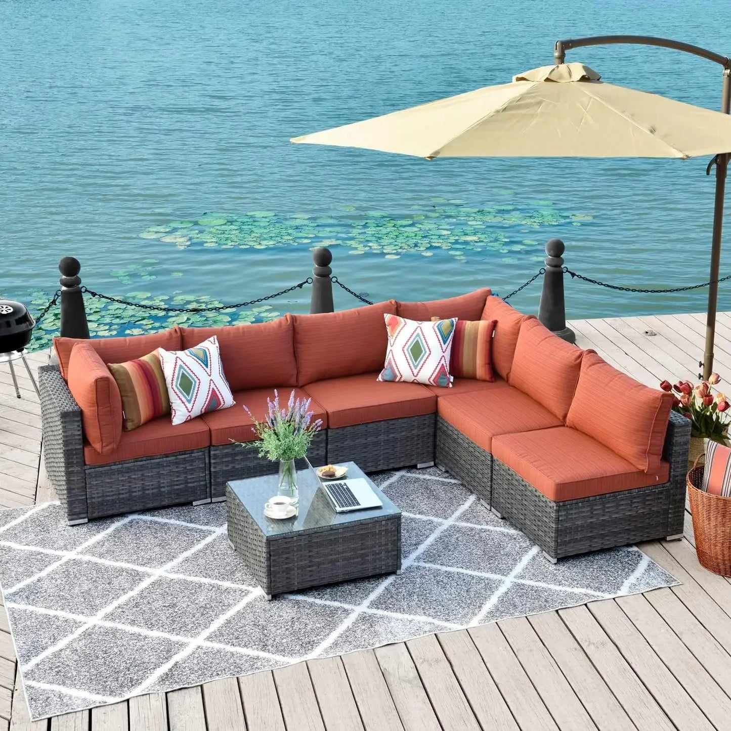K 7-piece Outdoor Terrace Segmented Sofa Gray PE Wicker Furniture Dialogue Set Outdoor Sessions Gardens Sets Garden Patio