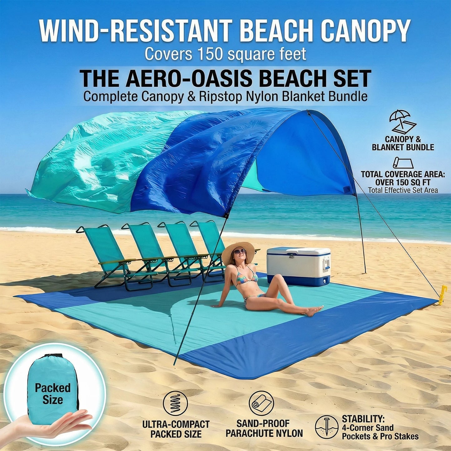 Wind-Resistant Beach Shade Tent 150 sq ft oversized canopy with sand anchors 4 lb ultralightweight UPF 50+ sun protection tent
