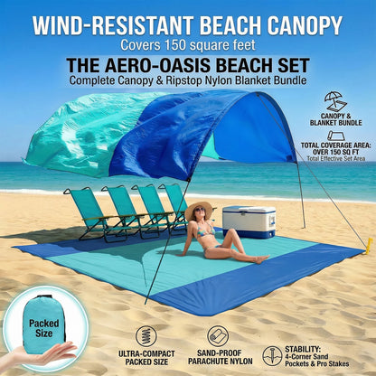 Wind-Resistant Beach Shade Tent 150 sq ft oversized canopy with sand anchors 4 lb ultralightweight UPF 50+ sun protection tent
