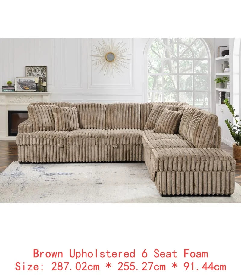L-Shaped Corduroy Sleeper Sofa Bed with Storage Ottoman & Pull-Out Bed for Living Room, Brown Sectional Couch