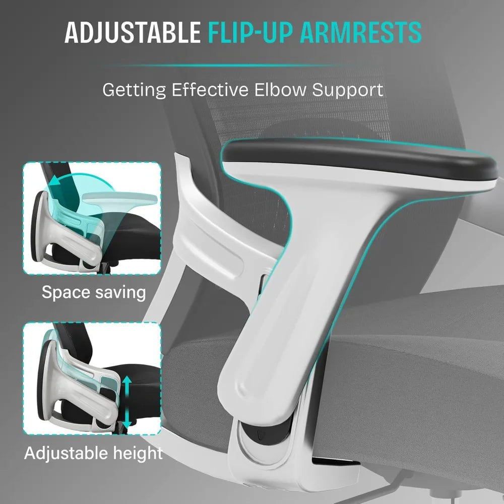 Ergonomic Office Chair with Adjustable Lumbar Support, Flip-up Arms, Tilt Function, Wide Mesh Seat