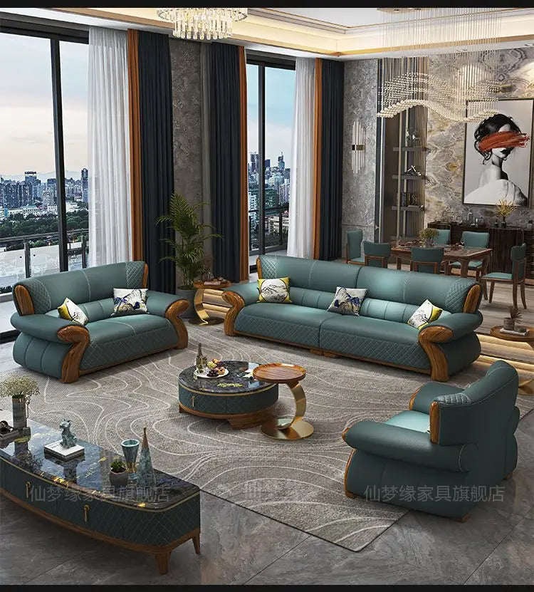 New leather sofa modern simple light luxury ebony solid wood new Chinese small apartment living room popular furniture