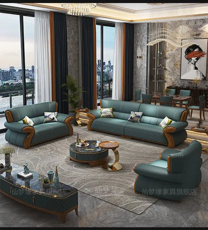 New leather sofa modern simple light luxury ebony solid wood new Chinese small apartment living room popular furniture