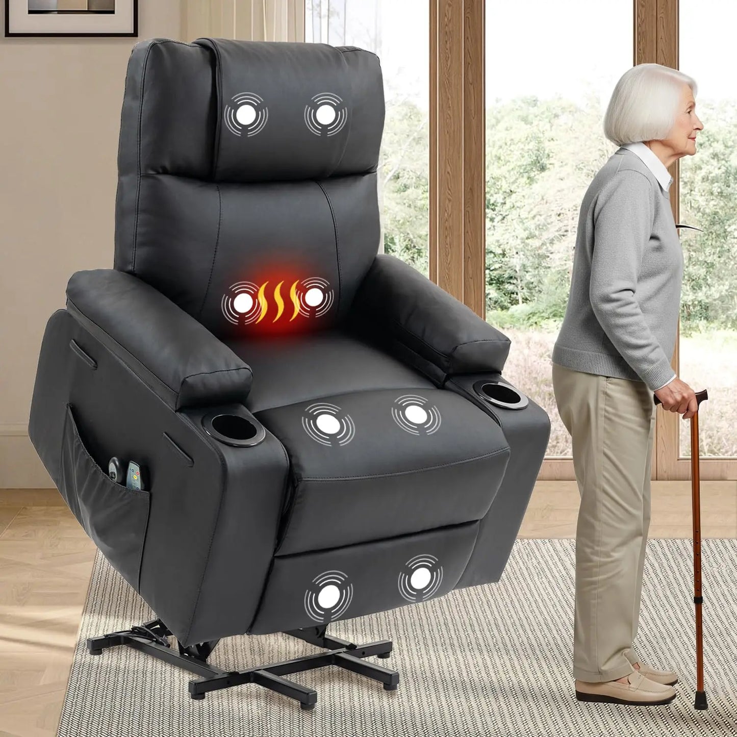 Dual Motor Power Lift Recliner for Elderly Adults with Heat Massage Lay Flat Feature Wireless Remote Cup Holder Customizable