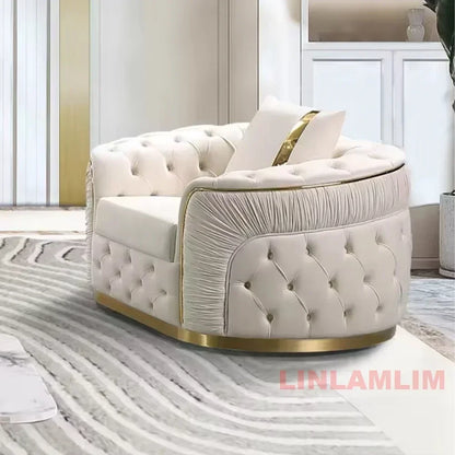 A Luxury Chesterfield Sectional Sofa Set With Cloth Buttons And Fabric Modular Couch With Gold Stainless Steel Base, 3-seater So