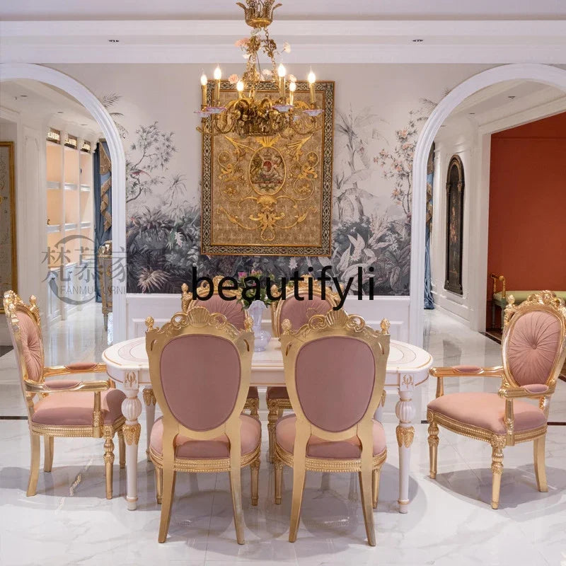 A55 French court style solid wood dining table and chair combination light luxury oval table six chairs dining table