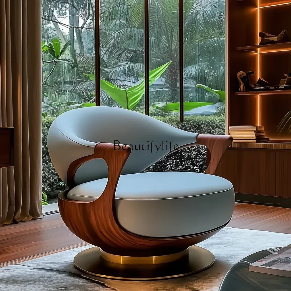 1PJ12New Chinese-style villa large flat-floor study leather walnut rotating ingot chair single sofa