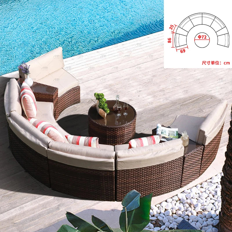 Sofa, courtyard, garden, leisure, outdoor living room, semi circular curved rattan chair, terrace, outdoor furniture combination