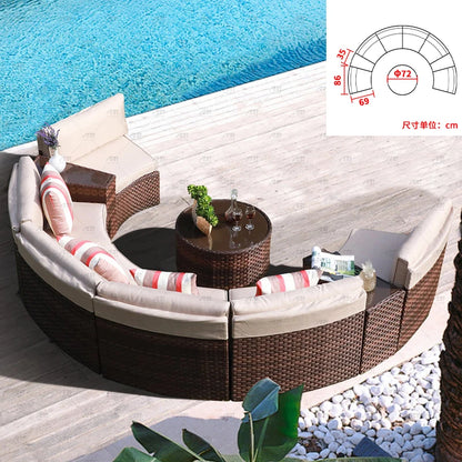 Sofa, courtyard, garden, leisure, outdoor living room, semi circular curved rattan chair, terrace, outdoor furniture combination