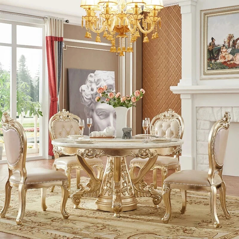 European white ice jade marble gold round dining table and chair combination European luxury solid wood dining table