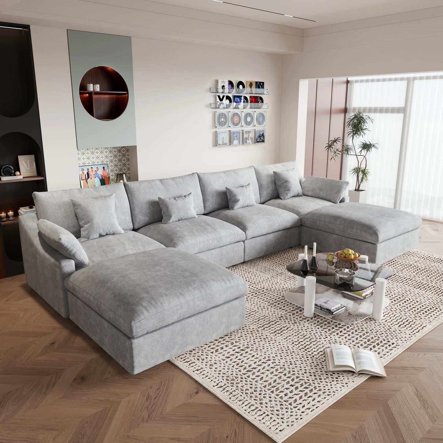 Modular Sectional Sofa for Living Room 160" Cloud Couch Down Filled U Shaped Couch with Ottoman Modern 6 Seater Convertible Sofa