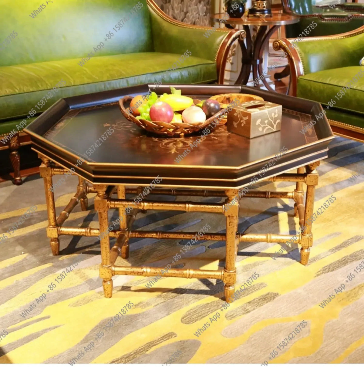 Xx French European Style Country Style Sticker Gold Foil Hand Painted Dark Black Brown Octagonal Tray Shape Coffee Table