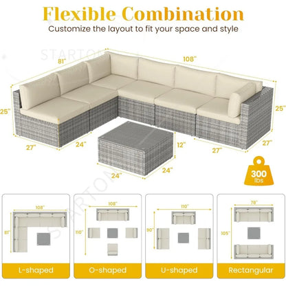 Seven Piece Patio Set, Outdoor Furniture With Glass Tea Table, PE Rattan Wicker Conversation Group, Includes Washable Cushions